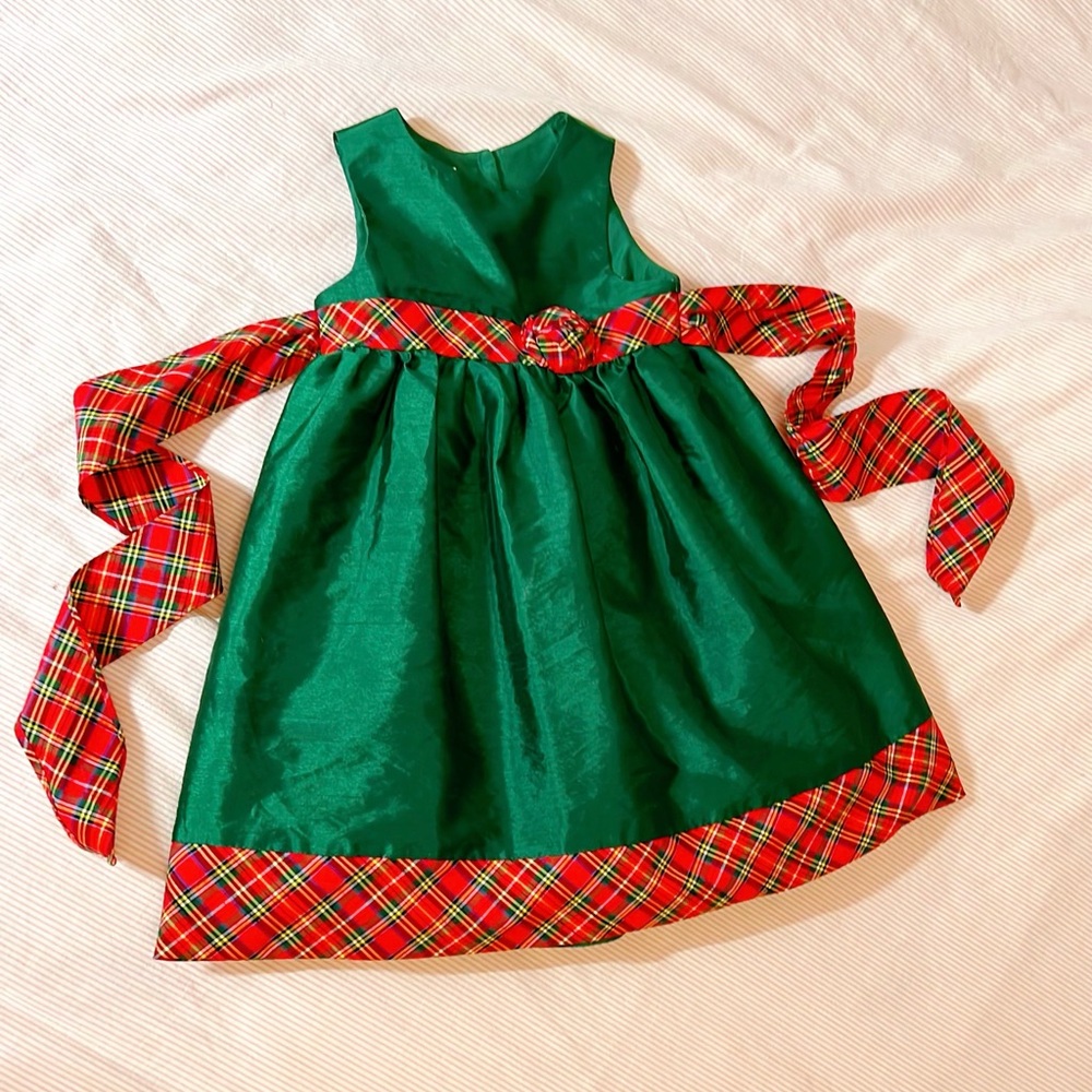 LAURA ASHLEY LONDON Holiday GIRLS LINED DRESS GREEN WITH RED PLAID TRIM Sz 4T